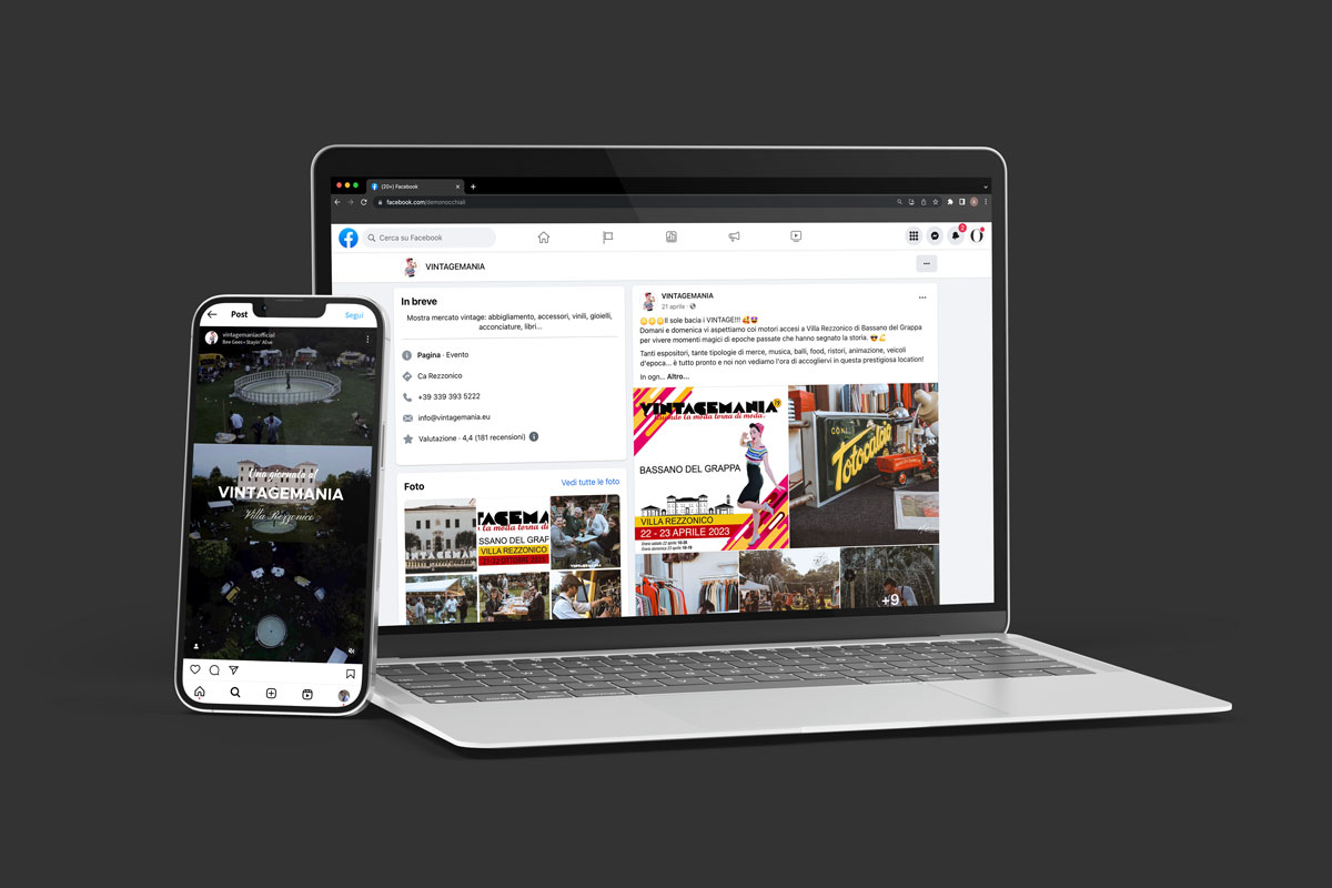 Anteprima di pagina Facebook e post instagram Vintagemania per gestione social